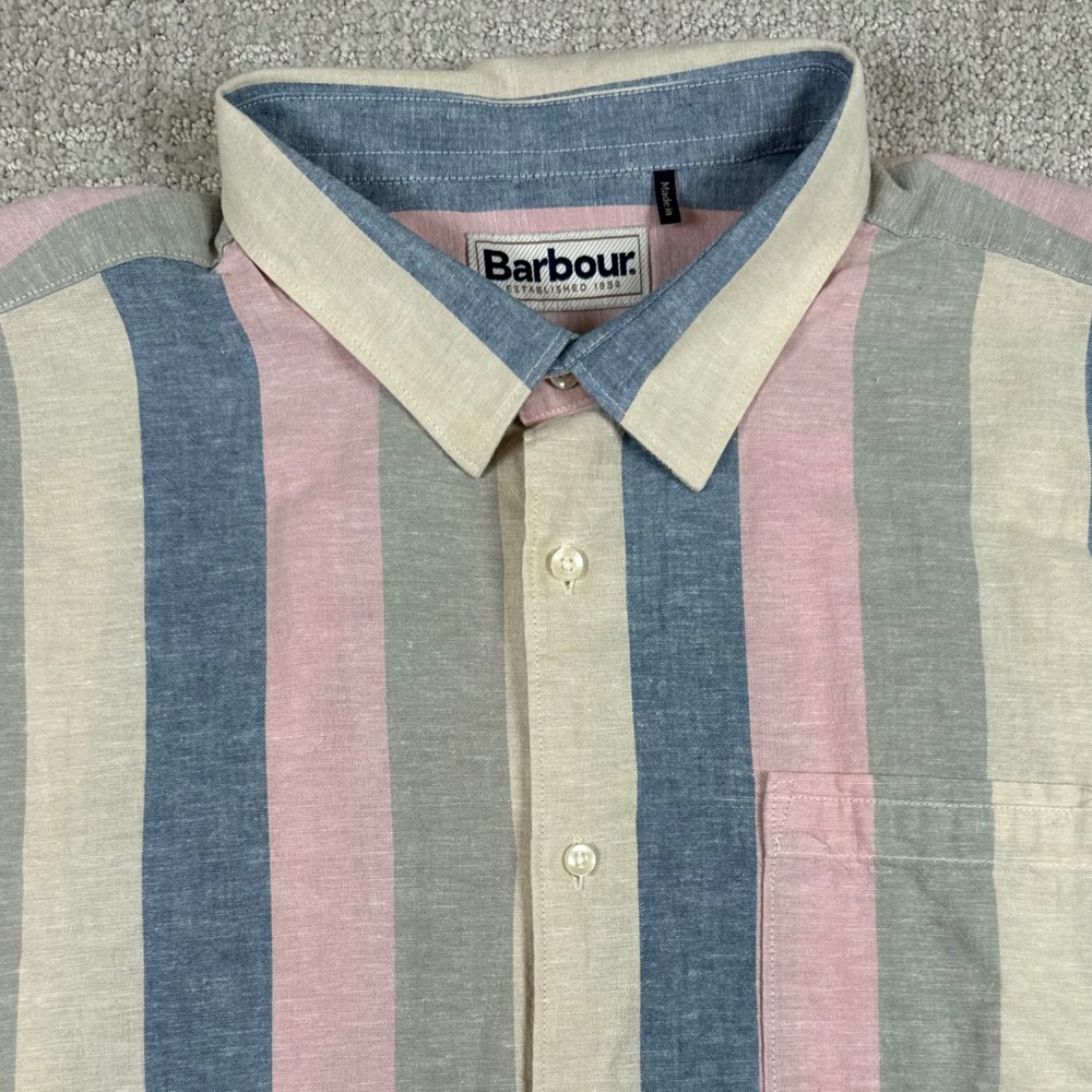 Barbour Mens Large Striped Linen Cotton Blend Regular Fit Button Up Shirt